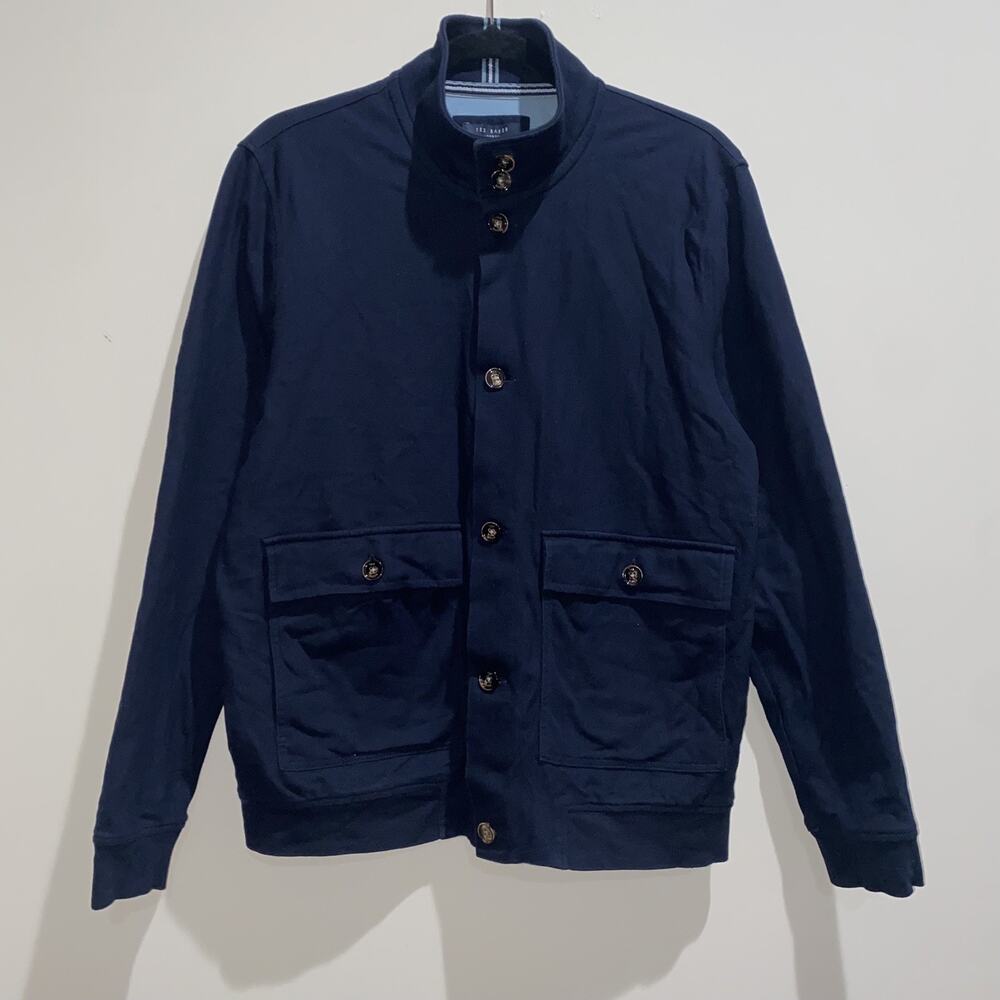 TED BAKER Designer Men Button Up Knit Jacket Cotton Navy Blue Ted 4 Sz Large